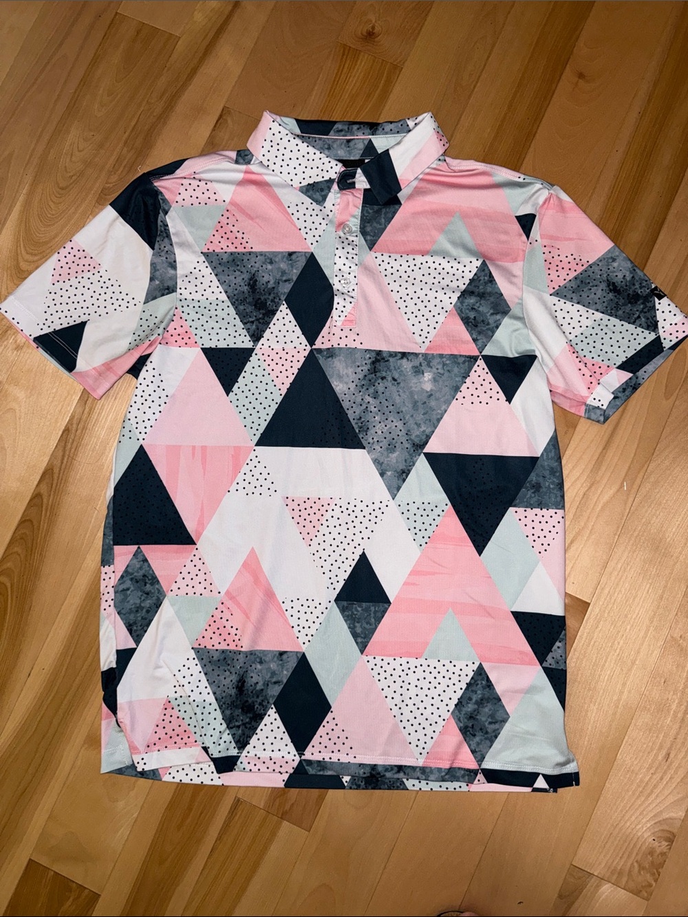 Geometric Yatta Golf Print Short-Sleeve Polo - Pink Navy & Aqua EUC S